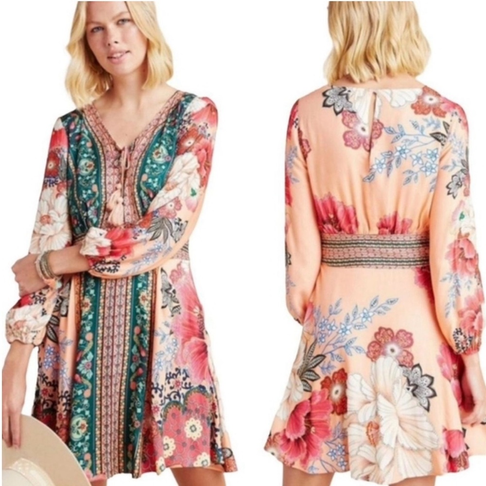 Farm Rio Anthropologie 3/4 Sleeve Floral Tropical Patchwork Boho Festival Dress
